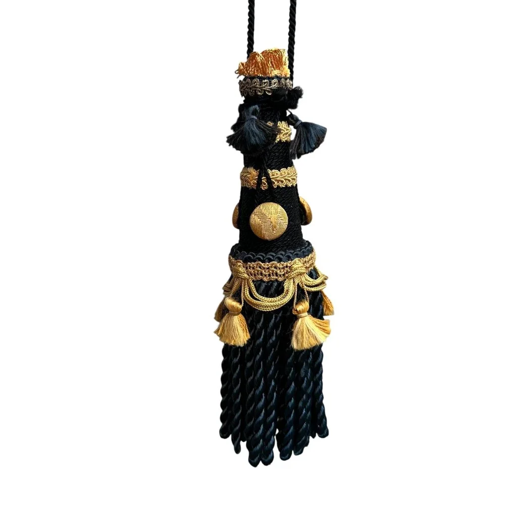 Luxury Black and Gold Oversized Drapery Tassel with Wood Core Tieback Ornament